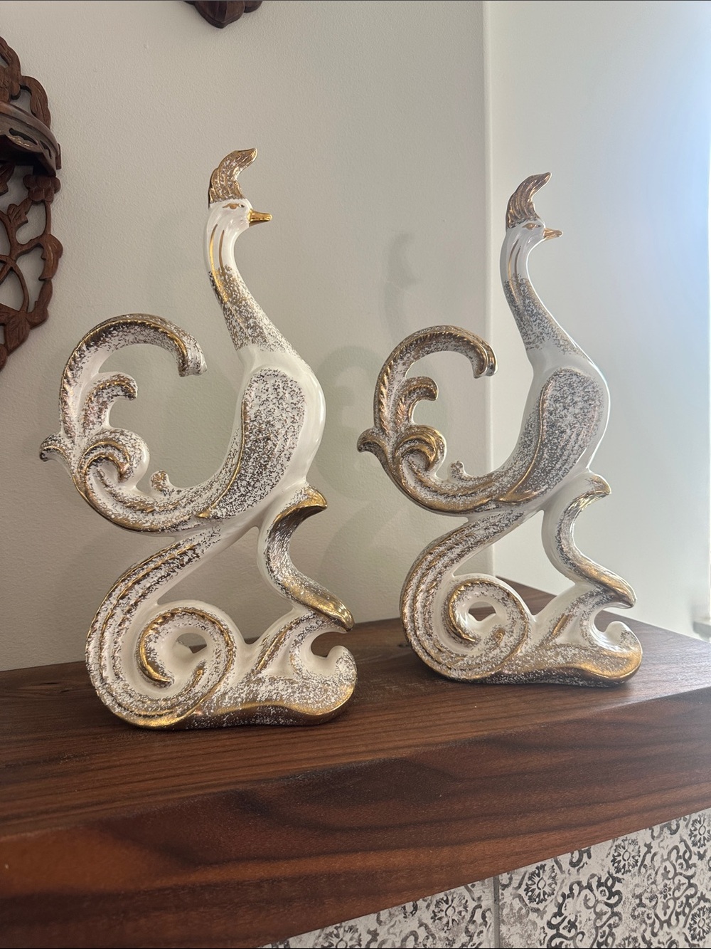 Vintage MCM Ceramic Peacock Figurines- Cream & Gold Spatterware Set
